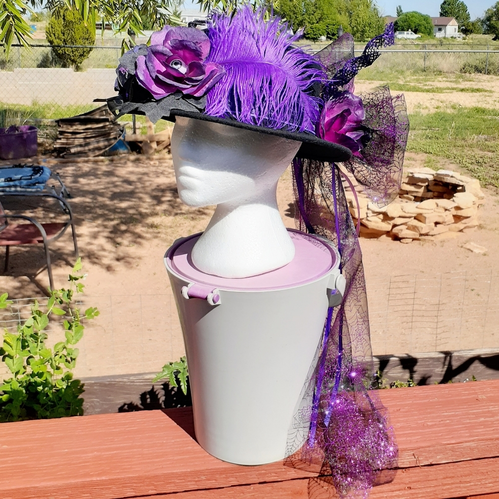 GROOVY GLAM Handmade Goth Halloween Victorian Veil Wool Bowler Witch Hat